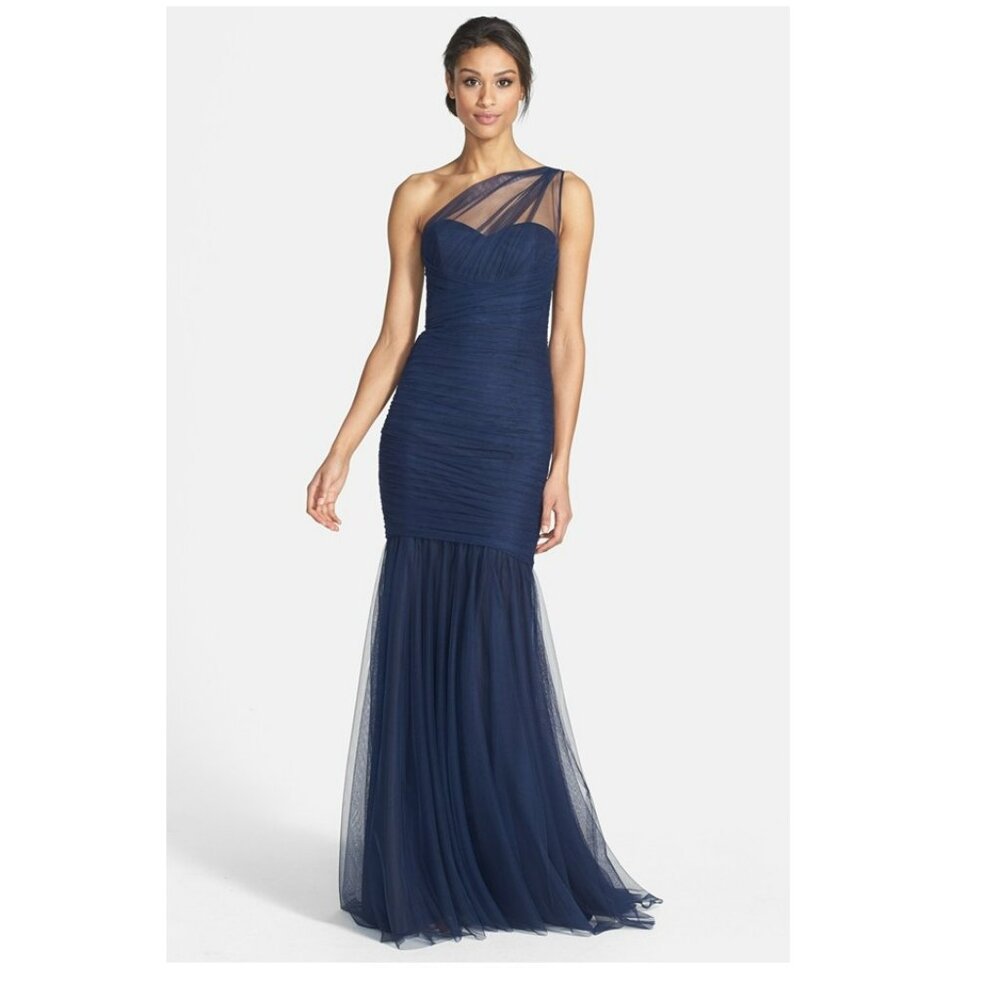Amsale Navy One-Shoulder Tulle Mermaid Dress